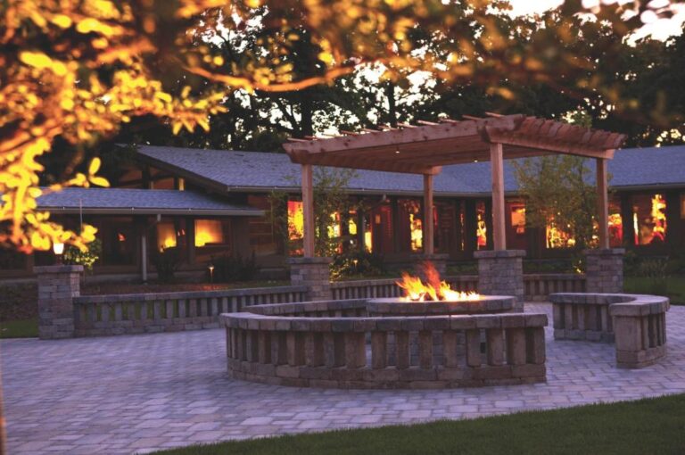 lake lawn terrace with fire pit